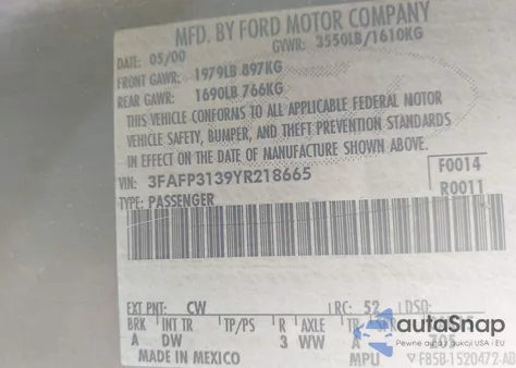 2000 Ford Focus Zx3 z USA, uszkodzony, nr VIN 3FAFP3139YR218665